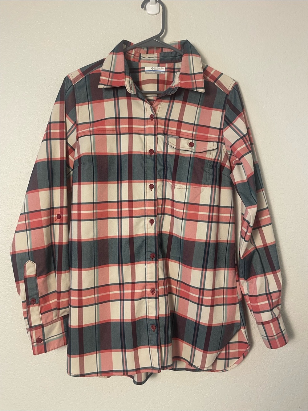 Columbia Women’s M Plaid Button Down Shirt Roll Tab Stretch Outdoor